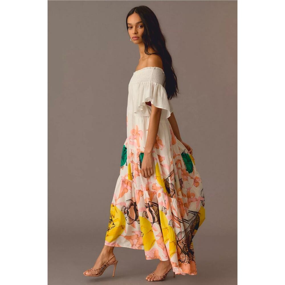 Maeve Tiered Off-The-Shoulder Fish Dress. Size SP. Ret $198. 100% Cotton